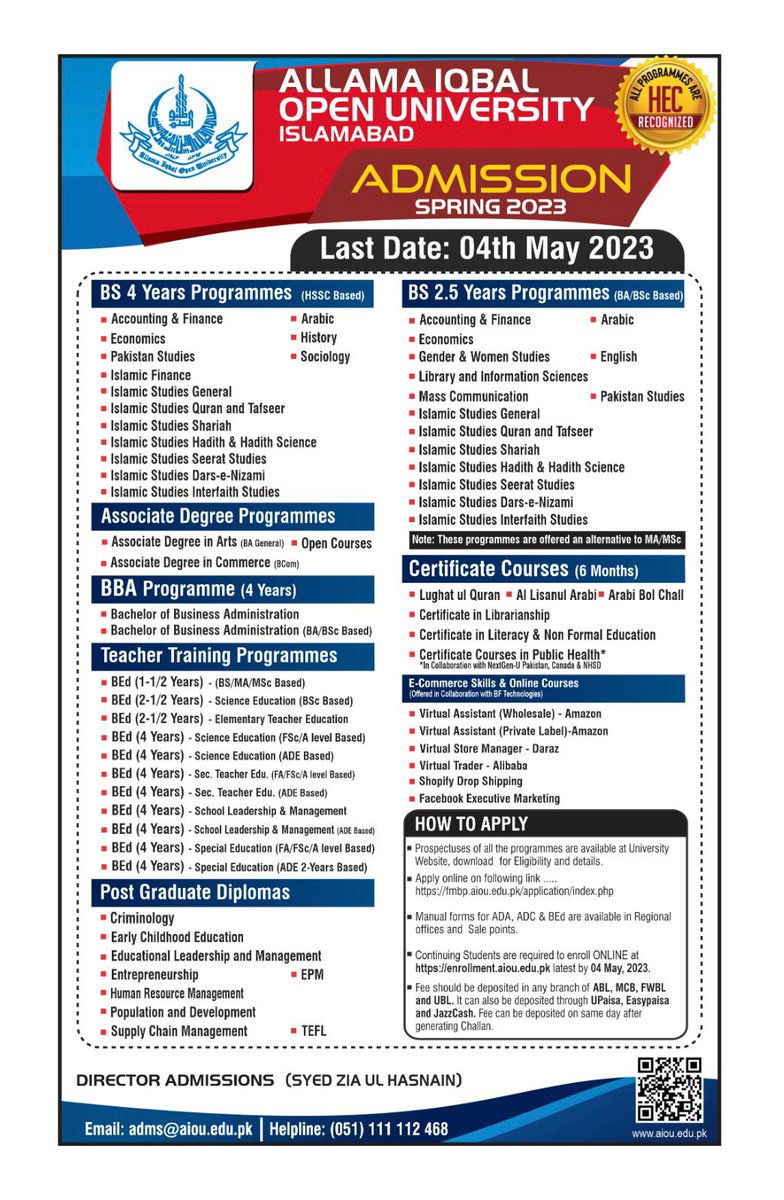 cutefahad46's tweet photo. Last date of Admissions in Spring 2023 Phase-2 has been extended till 04 May 2023 Apply online at the following link: >>>https://t.co/U2TnfhRyP3…… #aiouactivities #aiounews #aioustudents #aiou_updates #EducationForAll #distancelearning #admissionsopen2023 #BS #attention_seeker https://t.co/3UFeZ8uxVF