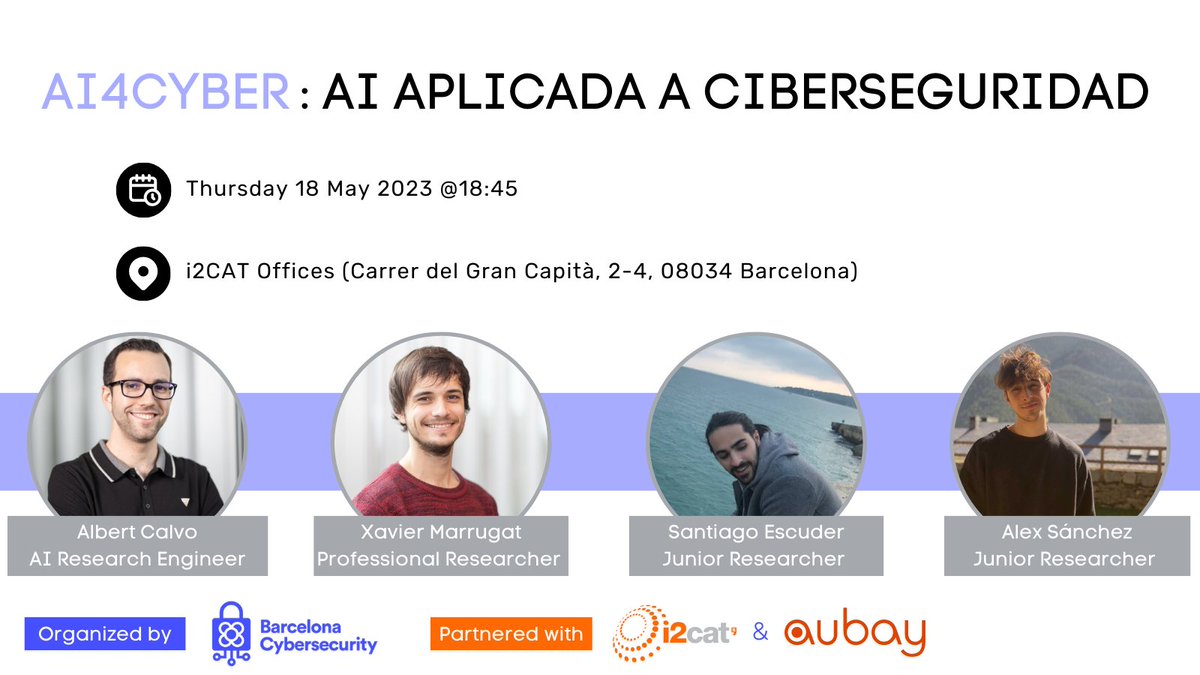 🗣️Vine al #meetup organitzat per <a href="/BCNCyberSec/">BCN Cybersecurity</a>! #i2CAT acollirà la presentació, on investigadors de #DAI i #Cyber del centre exposaran els projectes on treballen que fusionen aquestes tecnologies! Vols conèixer els casos d'ús i iniciatives? Registreu-vos! 🔗bit.ly/3L3UbxW