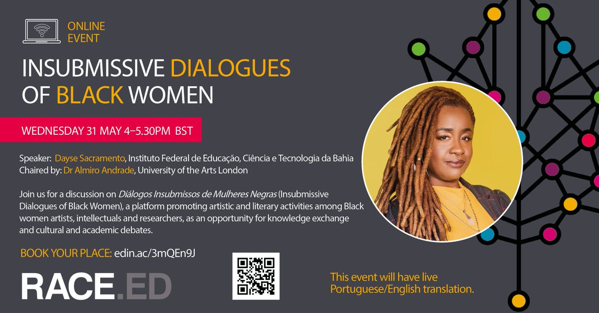 📣 Next RACE.ED online event!

'Insubmissive Dialogues of #Black #Women'

w/ Dayse Sacramento of <a href="/IfbaConquista/">IfbaConquista</a> 
Chaired by <a href="/AlmiroAndrade/">Almiro Andrade</a> 
(w/ live Portuguese/English translation)

 📅 31 May, 4-5.30pm BST

<a href="/uoessps/">School of Social & Political Science Edinburgh</a> @UoE_genderED <a href="/UoEREN/">UoE EREN</a>

Register ➡️
eventbrite.co.uk/e/insubmissive…