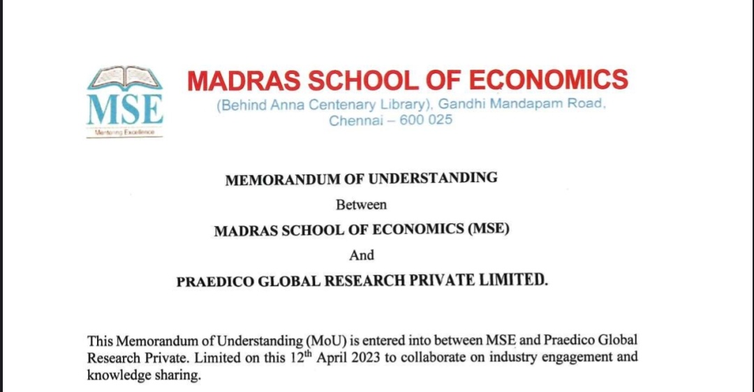 GlobalPraedico's tweet photo. We are glad to announce that Praedico has recently signed a Memorandum of Association with the Madras School of Economics for strengthening industrial institutions tie up. https://t.co/2UZPicAxnD