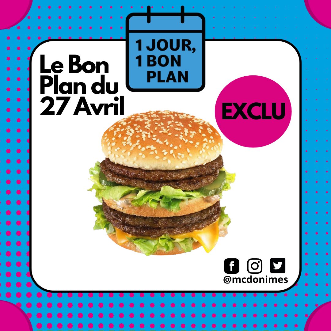 Avis aux plus gourmand(e)s le Bon Plan du Jeudi 27 Avril n’est autre que le Mega Mac 🤩

Qui osera le goûter ?😋

#ilovemcdo #1J1BP #megamac #mcdo #nimes #mcdonimes #villeactive #7collines #capcostieres
