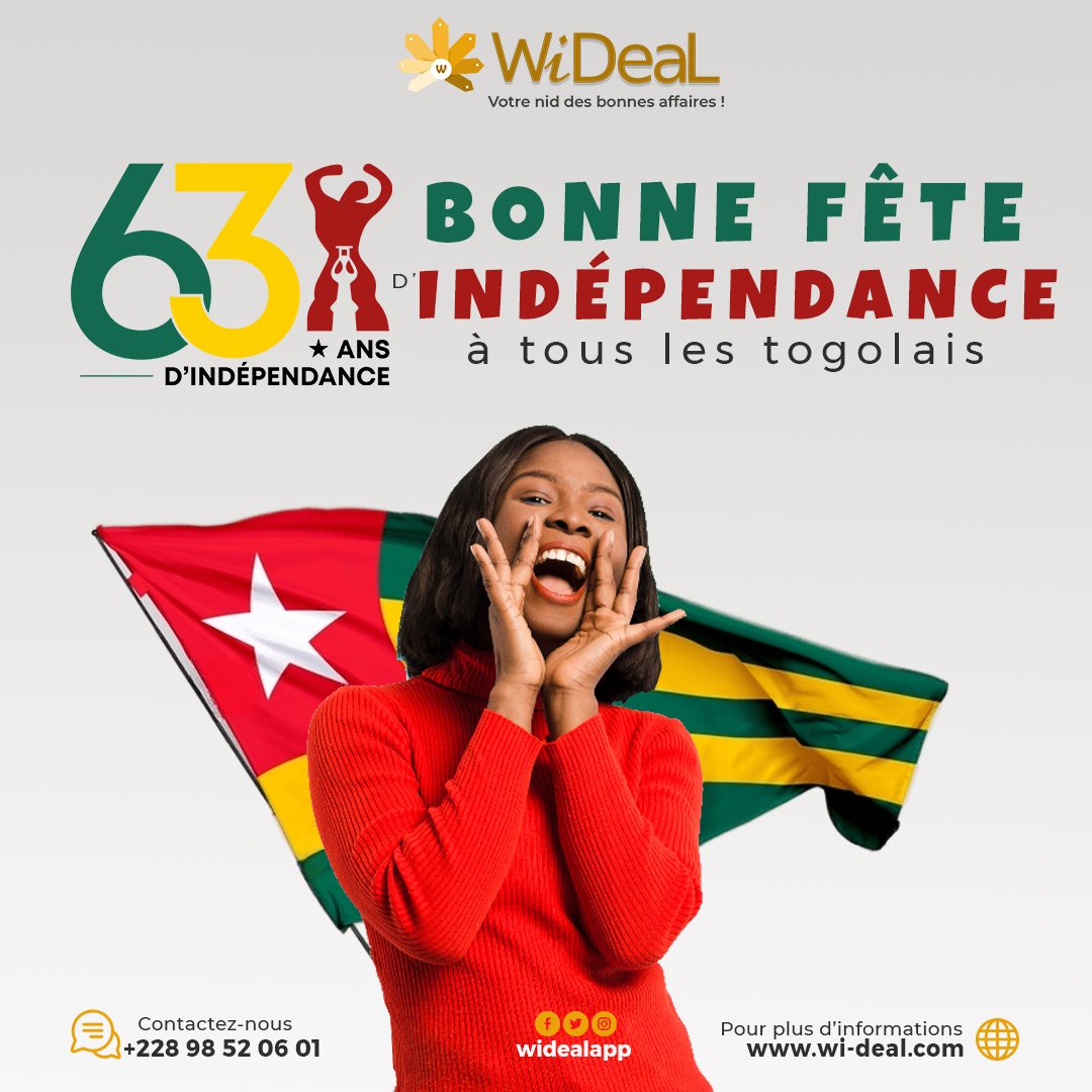 Wideaal's tweet photo. En ce jour du 27 avril, nous souhaitons une Bonne fête d'indépendance à tout le peuple togolais ! Heureux  63 ans d'indépendance à tous !

#27avril #indépendanceday #indépendance #Togo #WiDeaL #widealapp #togolese #togolais228 #Togolais #TT228 https://t.co/YLw6fPS9Gi