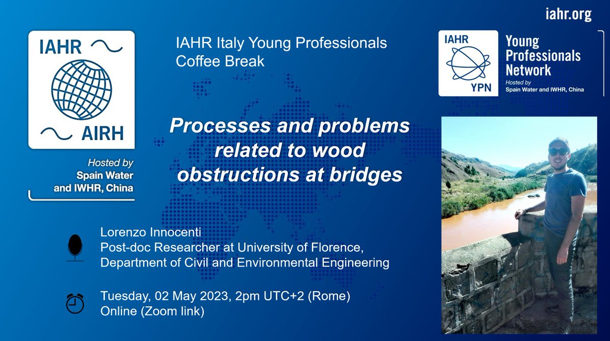 Stay tuned for our next #CoffeeBreak with Lorenzo Innocenti from <a href="/UNI_FIRENZE/">Università di Firenze</a> who will present about issues related to wood obstructions at bridges!!
You are welcome to join!
<a href="/IAHR/">IAHR 💧</a> 

⌚Tuesday 18 April from 2 PM to 2.30 PM  
📍Online: us05web.zoom.us/j/88123598912?…