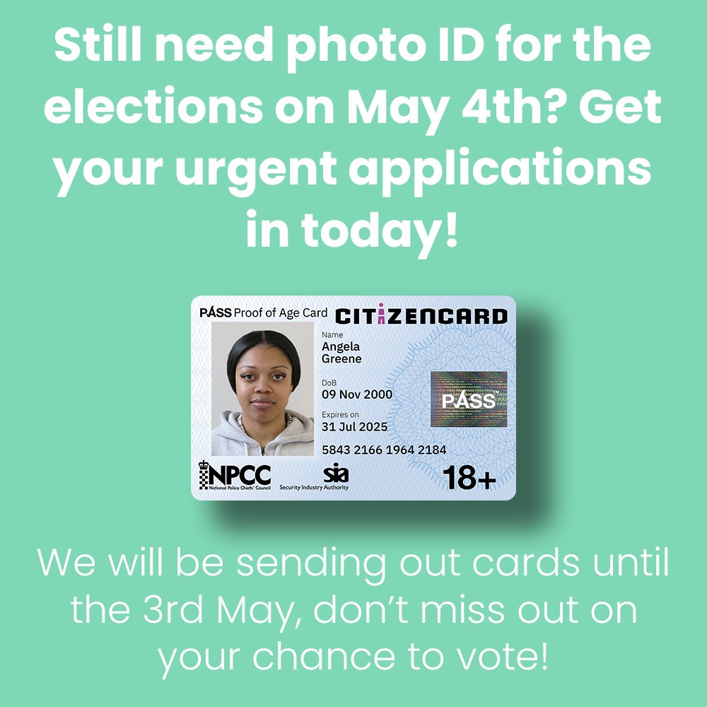 CitizenCard's tweet photo. You need photo ID to vote in the May 4th elections, to make sure you get yours in time, get your urgent applications in today by 12PM so you don't miss out on your chance to vote! #voterid #YourVoteMatters #TurnUpToVote #CitizenCard #vote https://t.co/B2uD69ZP0H