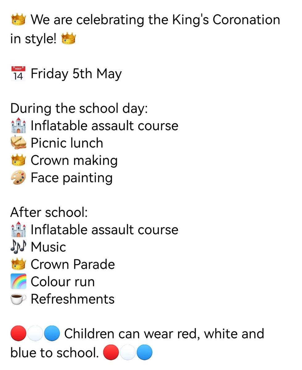 OsbastonPTFA's tweet photo. ๐ We are celebrating the King's Coronation in style! ๐
๐
Friday 5th May
#osbasptfa #PTFA #fundraising #coronation #coronationparty #Coronation2023 #kingscoronation #kingscoronation2023 https://t.co/r54atElScO
