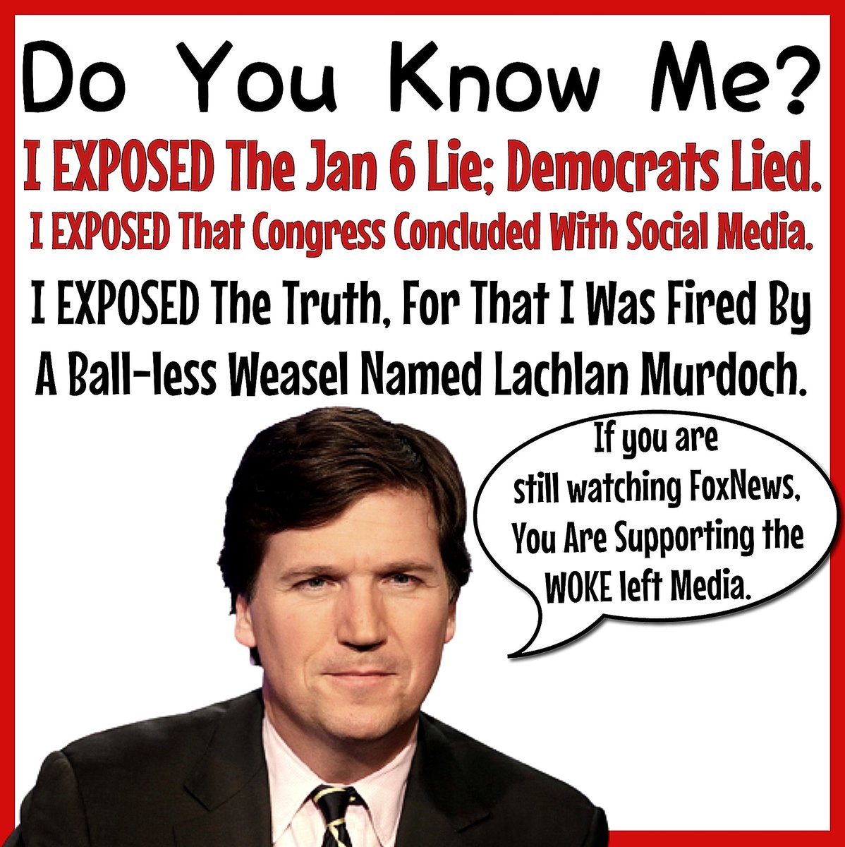 MJCInternationa's tweet photo. Go Tucker. Idiots like @geraldo have been lying to us for 50 years. He has tried scam us to watch empty vaults to snuggling half naked with Anthony Weiner. But, we had/have people like @TuckerCarlson ... not a perfect man - but is persecuted for telling the truth. @jonpopmemes https://t.co/CQszqJJNXV