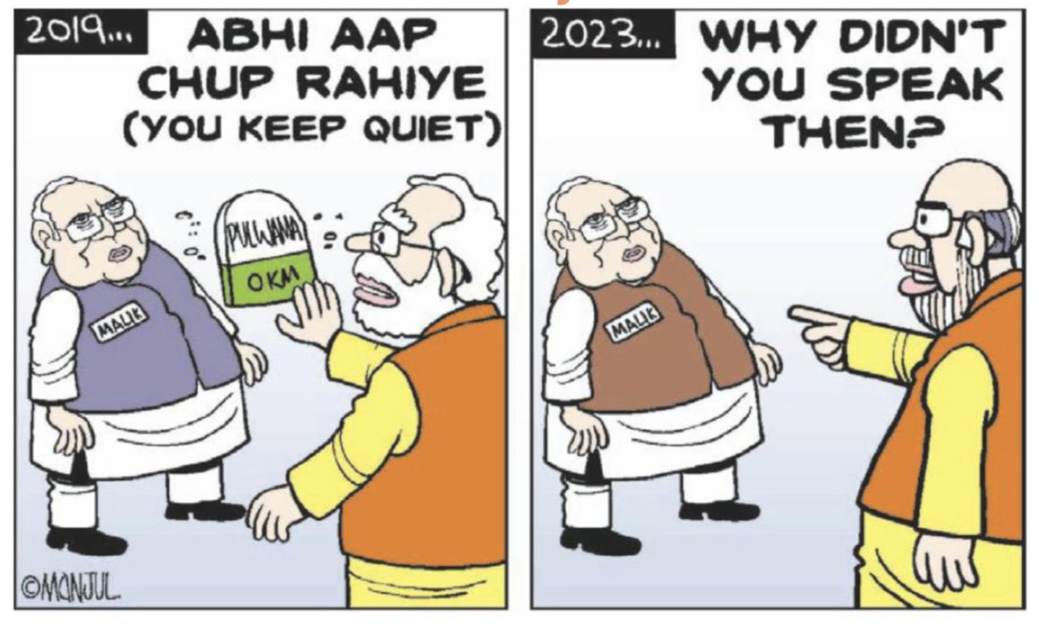 pbhushan1's tweet photo. #Pulwama
Modi tells Satyapal Malik to shut up on Govt's negligence/complicity in Pulwama terror attack in 2019, immediately after the attack. But Shah now asks Malik why he didn't speak up then! https://t.co/56UXaqJDI8
