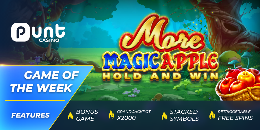 PuntOfficial's tweet photo. Another day, another epic Slot Drop 🙌 

Play @booongogaming's 'More Magic Apple' today, and make the most of the phenomenal features that are guaranteed to boost your bankroll, including a jaw-dropping shot at a grand jackpot - where you could win up to 2000x your total bet 🤩

#Crypto #cryptocurrency #thursdaymorning