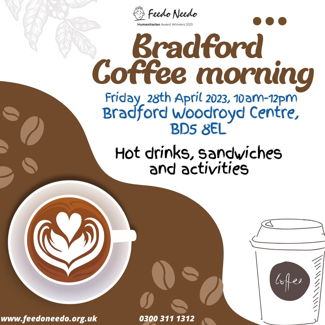 FeedoNeedo's tweet photo. @FeedoNeedo are hosting a coffee morning, tomorrow 28th April from 10am-2pm at our Bradford foodbank.
#FeedoNeedo #Helpthehomless #Foodbank #Charity #Community #Volunteers #Donations #Volunteering #Donate #Feedtheneedy #coffeemorning #FoodBags #foodbank #community #bradford https://t.co/pFeHY4c1p8