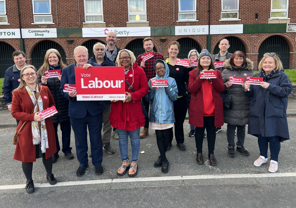SalfordLabour's tweet photo. This week we were out with our amazing Pendlebury and Clifton candidates Barry Warner &amp; Chioma Mgbeokwere, reminding people about voter ID and to give two votes to Labour on May 4th. 🌹 

Great to see the new Derive housing too. Social housing once again being built in Salford 🏠 https://t.co/LK9JXbazZd