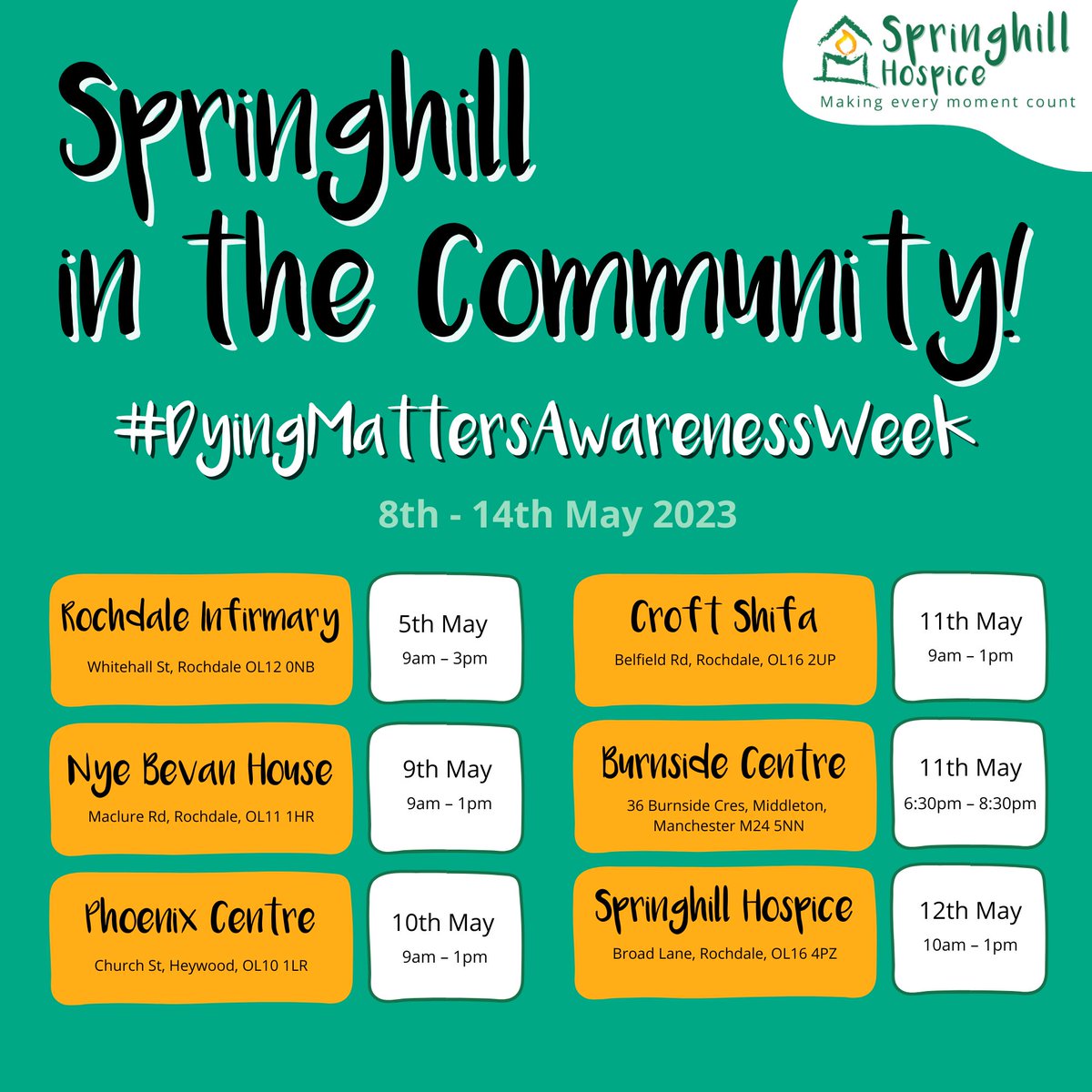 Springhill Hospice will be going out into the community of Rochdale during #DyingMattersAwarenessWeek, to help tackle the stigma and open up conversations about grief and death – If you need advice, someone to talk to, or just want to learn more, come and join us! 💚