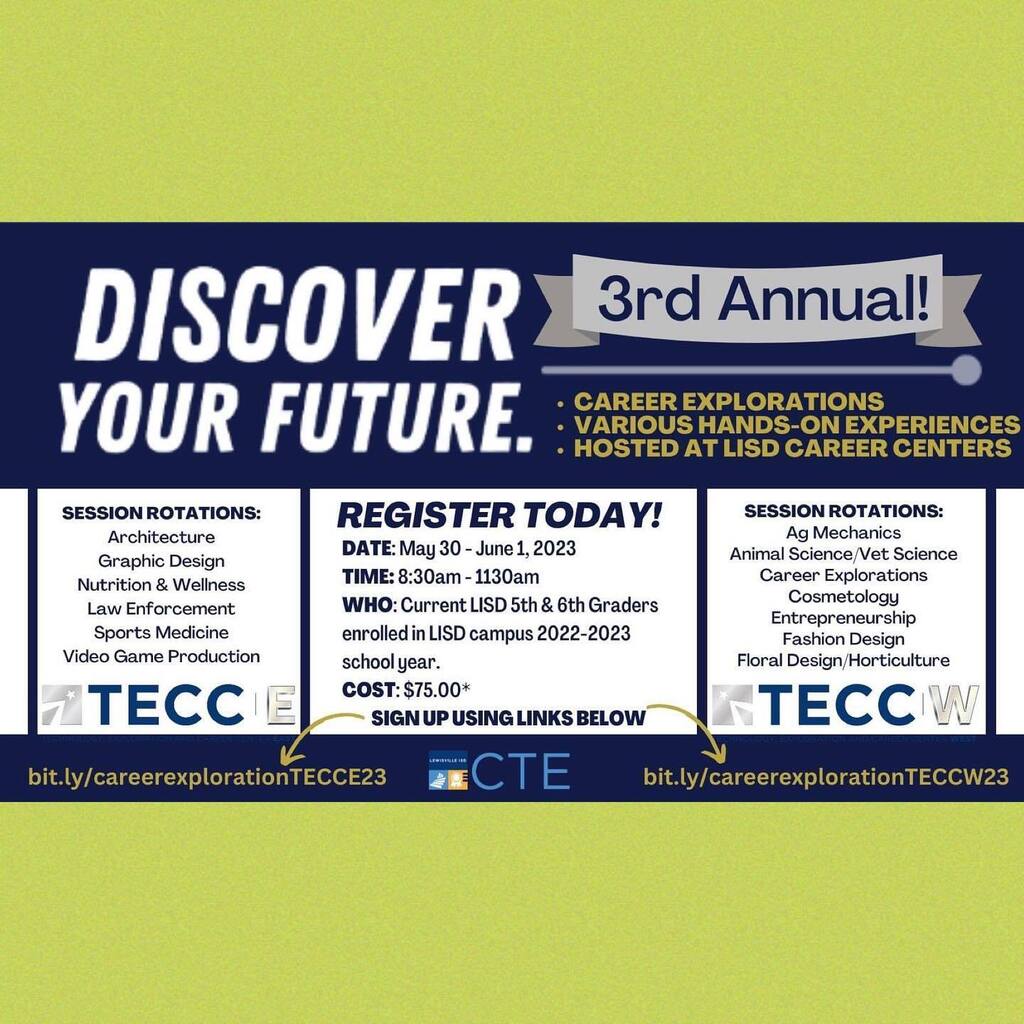 🚨Today, April 28, is the last day to register for this year's camp and space is limited!

@lewisvilleisd Career and Technical Education (CTE) is excited to host the 3rd Annual Career Exploration Camp for current LISD 4th through 6th grade grade stude… instagr.am/p/CriNfUsOE1p/