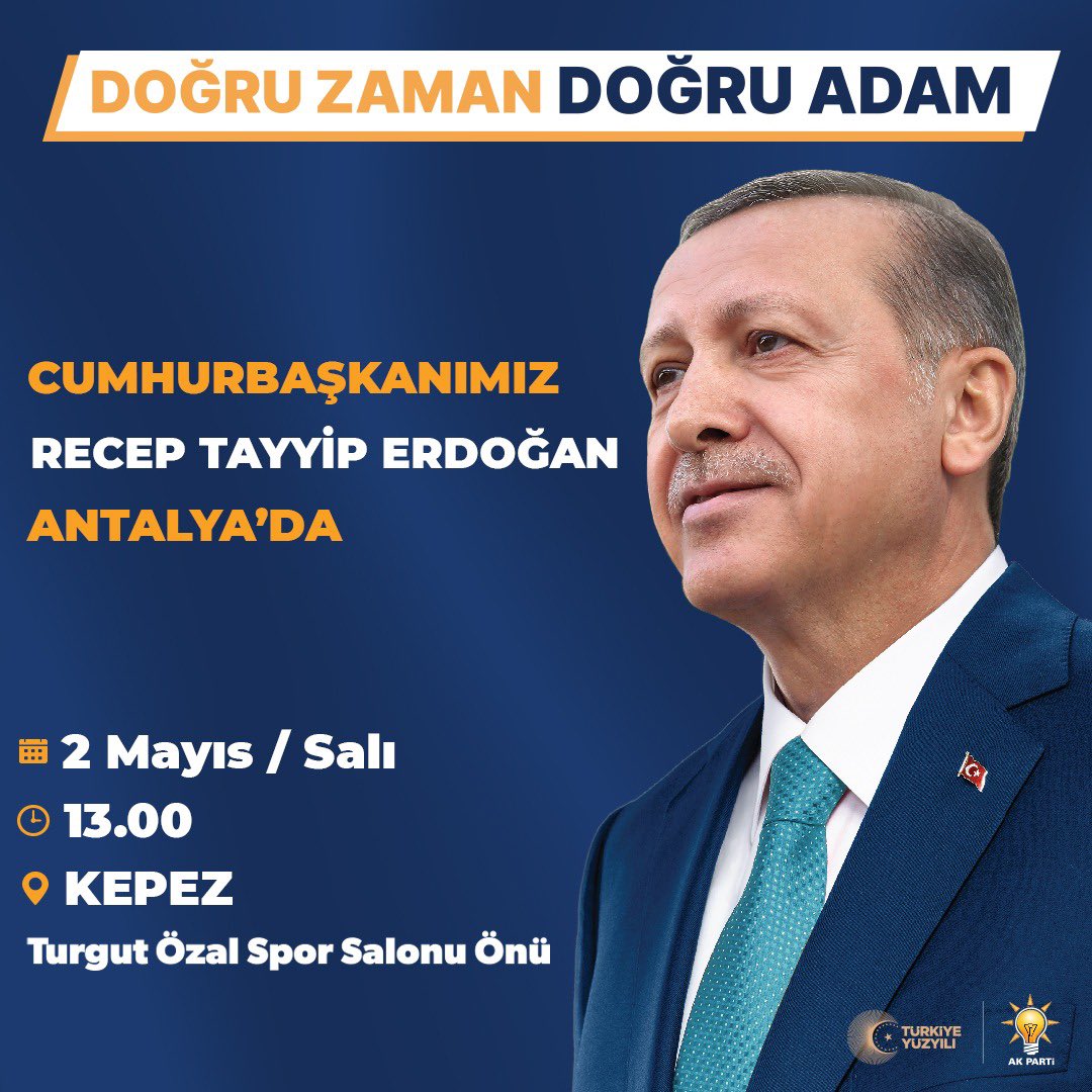 alicetin_07's tweet photo. Dünya Lideri, Türkiye Yüzyılının mimarı, Cumhurbaşkanımız, Genel Başkanımız Sayın Recep Tayyip Erdoğan (@RTErdogan ) Antalyamıza geliyor ! 

Kepez/ Turgut Özel Spor Salonu önündeki mitingimize tüm hemşehrilerimizi bekliyoruz. 

🗓️ 2 Mayıs 2023 ( Salı) 
⏰ 13.00 https://t.co/NS9OcQjW0x