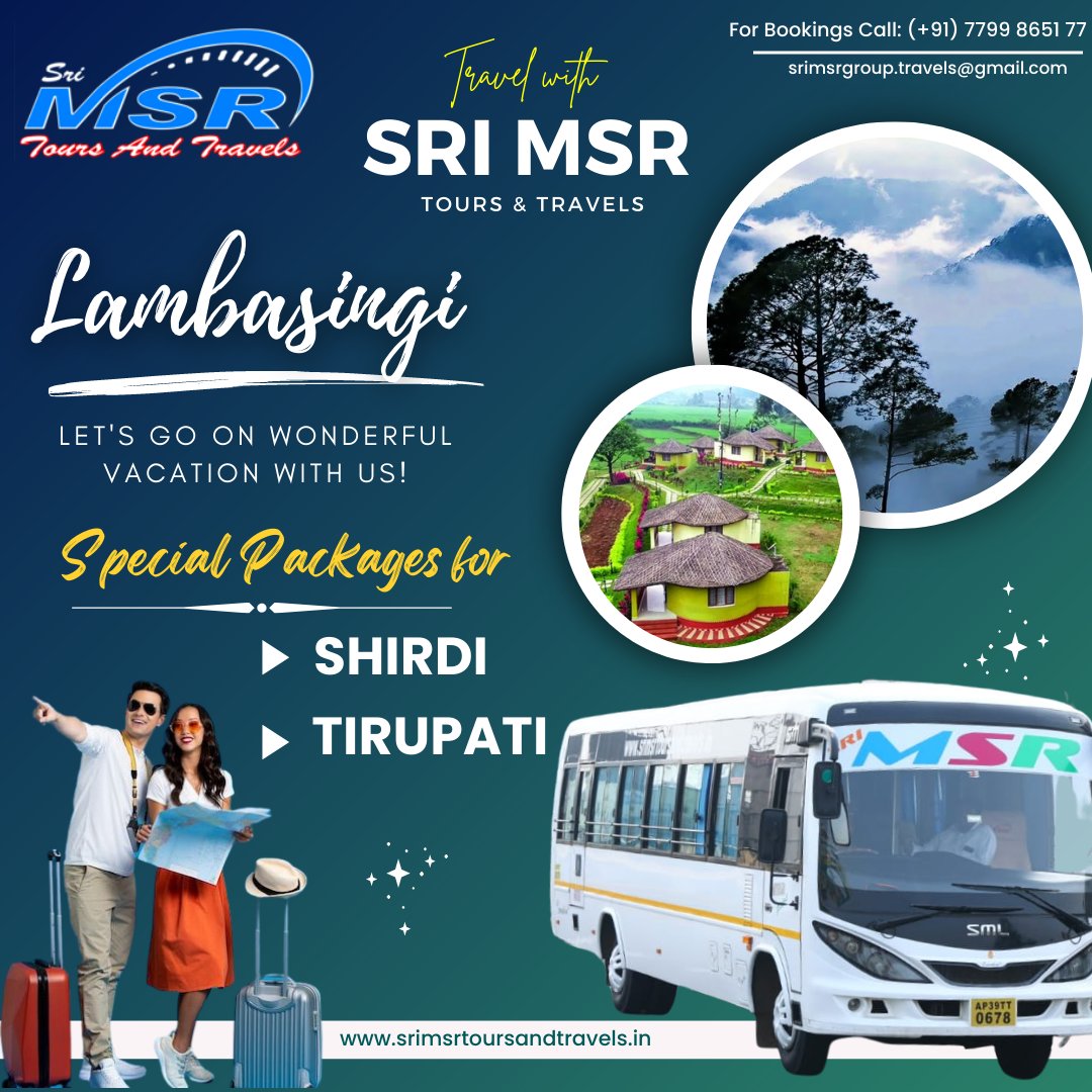 srimsrgroup's tweet photo. Lambasingi
LET'S GO ON A WONDERFUL VACATION WITH US!
Special Packages for
βΊ SHIRDI
βΊ TIRUPATI
LUXURY COACH
BOOK NOW.
12 seater, 17 seater, 24 seater, 27 seater, 40 seater
Contact number: 7799865177
Website: https://t.co/YpECDSqITq
#TravelServices #msrtours #msrtravels https://t.co/1yEUOwyGaj