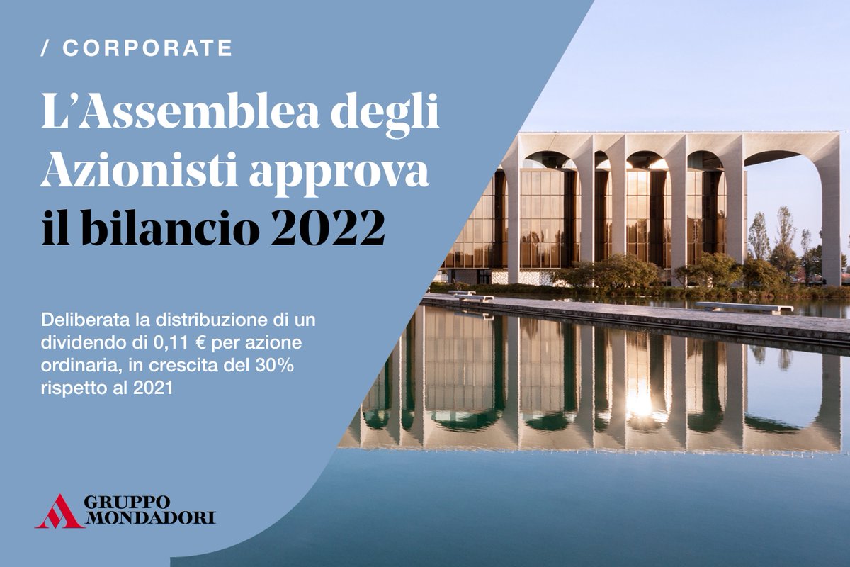 gruppomondadori's tweet photo. L’Assemblea degli Azionisti, presieduta da Marina Berlusconi, ha approvato oggi il bilancio d’esercizio al 31 dicembre 2022. Deliberata la distribuzione di un dividendo unitario di 0,11 € per azione ordinaria. #MNMI
https://t.co/DmKSr6Ft00 https://t.co/VpKIaB1oVc