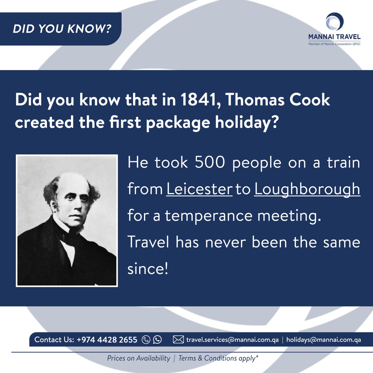 MannaiTravel's tweet photo. In 1841, Thomas Cook created the 1st package holiday! 500 people took a train to a temperance meeting in Loughborough. He changed travel forever!
Get in touch with us:
Click Here: https://t.co/8KYiZ3jFsg
#DidYouKnow #ThomasCook #FirstPackage #Holidays #Travel #TravelWorld https://t.co/BsG2WKOp4x