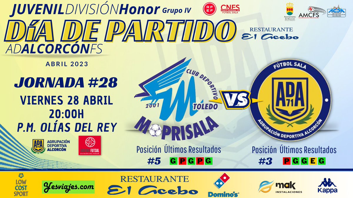 ADAlcorconFS's tweet photo. JUVENIL DIVISIÓN DE HONOR 
HORARIO JORNADA |

Nueva jornada y otros 3 puntos difíciles en nuestro desplazamiento a #OlíasDelRey #Toledo
 ¡A por ello!

JORNADA 2️⃣8️⃣
#ADAFS
🆚
@Moprisala

🗓️ VIERNES 28 de Abril
🕚 20:00h
📍 P.M. Olías del Rey

#123Alcorcón
#ConElCorazónEnLaPista💛 https://t.co/qz0xl3vy6x