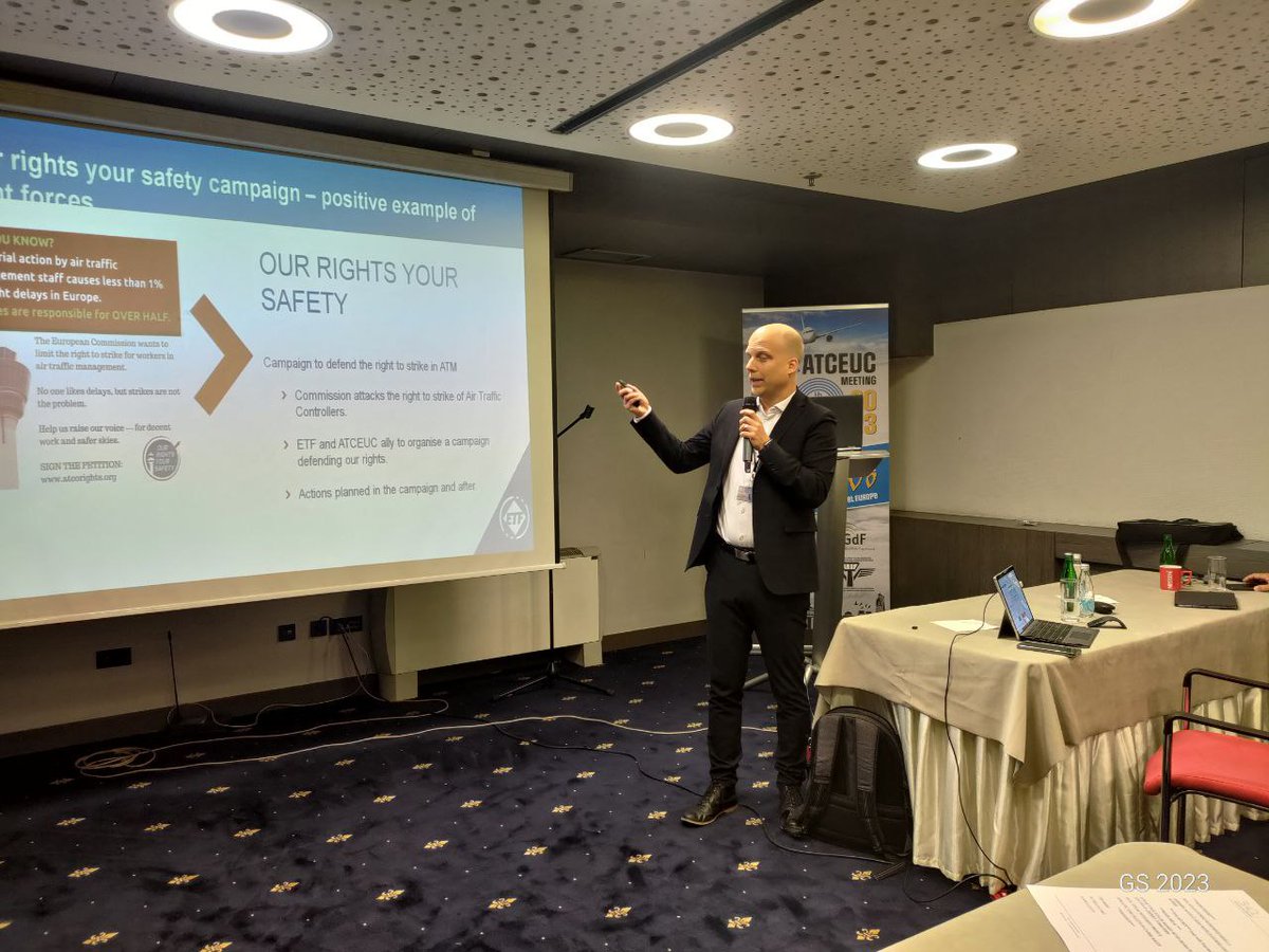 Daniel Liebhart, Vice-chair of the ETF-ATM Committee, gives his speech at the ATCEUC 60th Committee Meeting in Sarajevo. The close cooperation with ETF as ATM Social Partner is crucial for ATCUEC to bring the voice of the European ATCOs and ATSEPs wherever it has to be heard