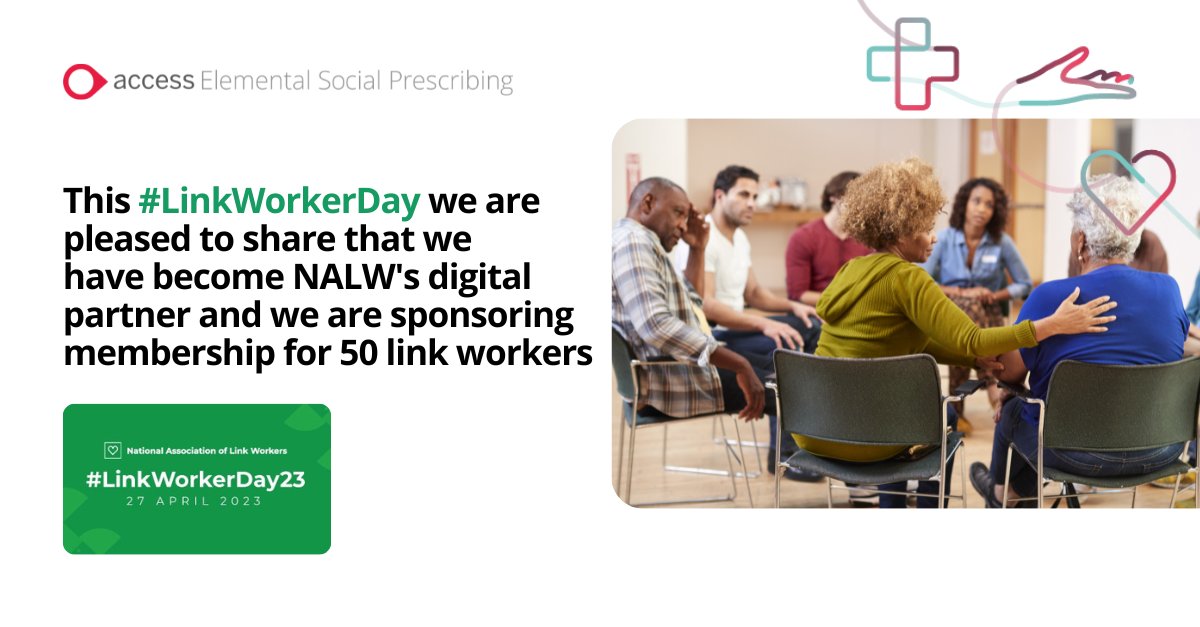 AccessElemental's tweet photo. This #LinkWorkerDay, we are pleased to share that we have become @nalwuk's digital partner.

We are sponsoring membership for 50 #LinkWorkers! This is important to us, and last month we exceed 4000 LinkWorkers using @AccessElemental #SocialPrescribing https://t.co/oBvYqNjF8K
