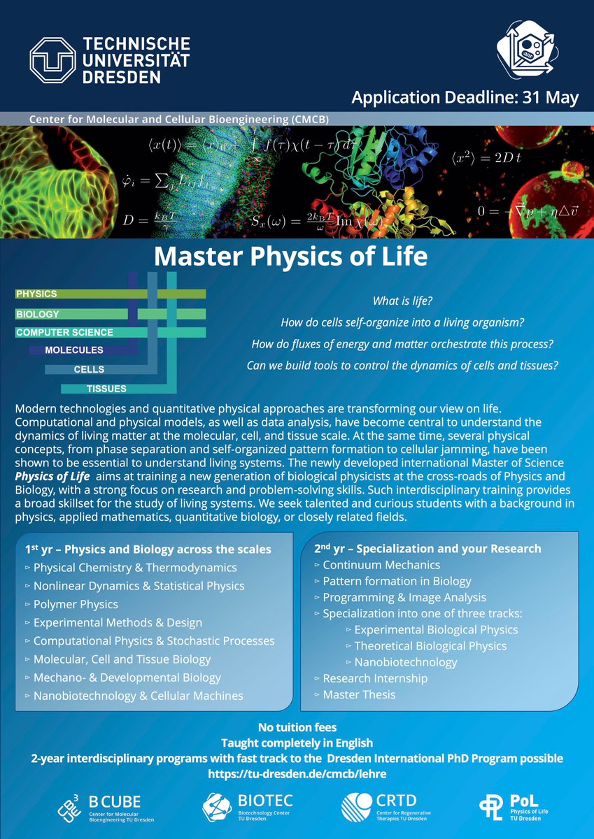 Michael is feeling blue (@schlierf_lab) on Twitter photo Looking for a Master program? Physicist or quantitative biologist? Intrigued by the complexity and simultaneous simplicity of biology? Wanna learn more on how to describe physics of life? Here is your Master program <a href="/tudresden_de/">TU Dresden</a>. Apply until 31.5.: tu-dresden.de/cmcb/lehre/app⦠Looking for a Master program? Physicist or quantitative biologist? Intrigued by the complexity and simultaneous simplicity of biology? Wanna learn more on how to describe physics of life? Here is your Master program <a href="/tudresden_de/">TU Dresden</a>. Apply until 31.5.: tu-dresden.de/cmcb/lehre/appā¦