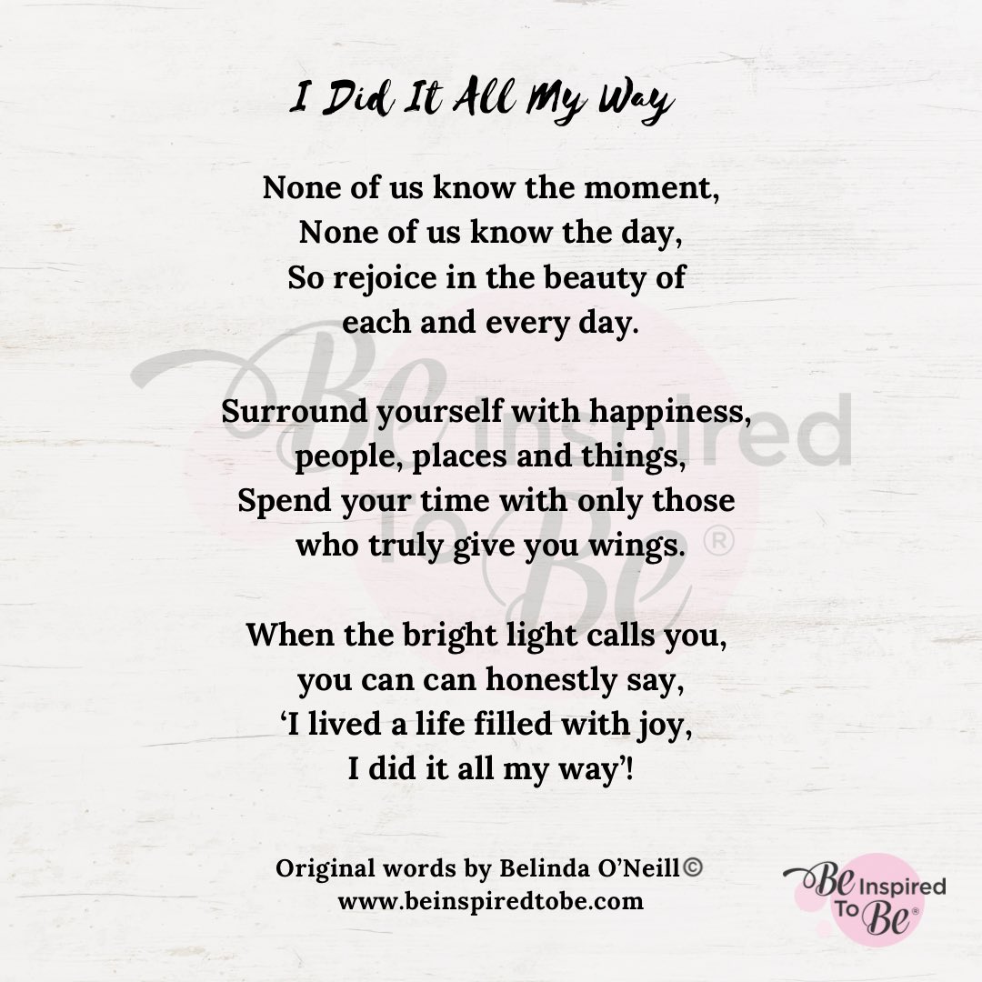 ~ I Did it All My Way ~

This would be my #messageinabottle on this National Poetry Day 🤍

#Beinspiredtobe
Belinda 🤍

#nationalpoetryday @PoetryDay_IRL @PoetryDayUK @ArtsCouncilNI @artsbusinessni @WomenWriters