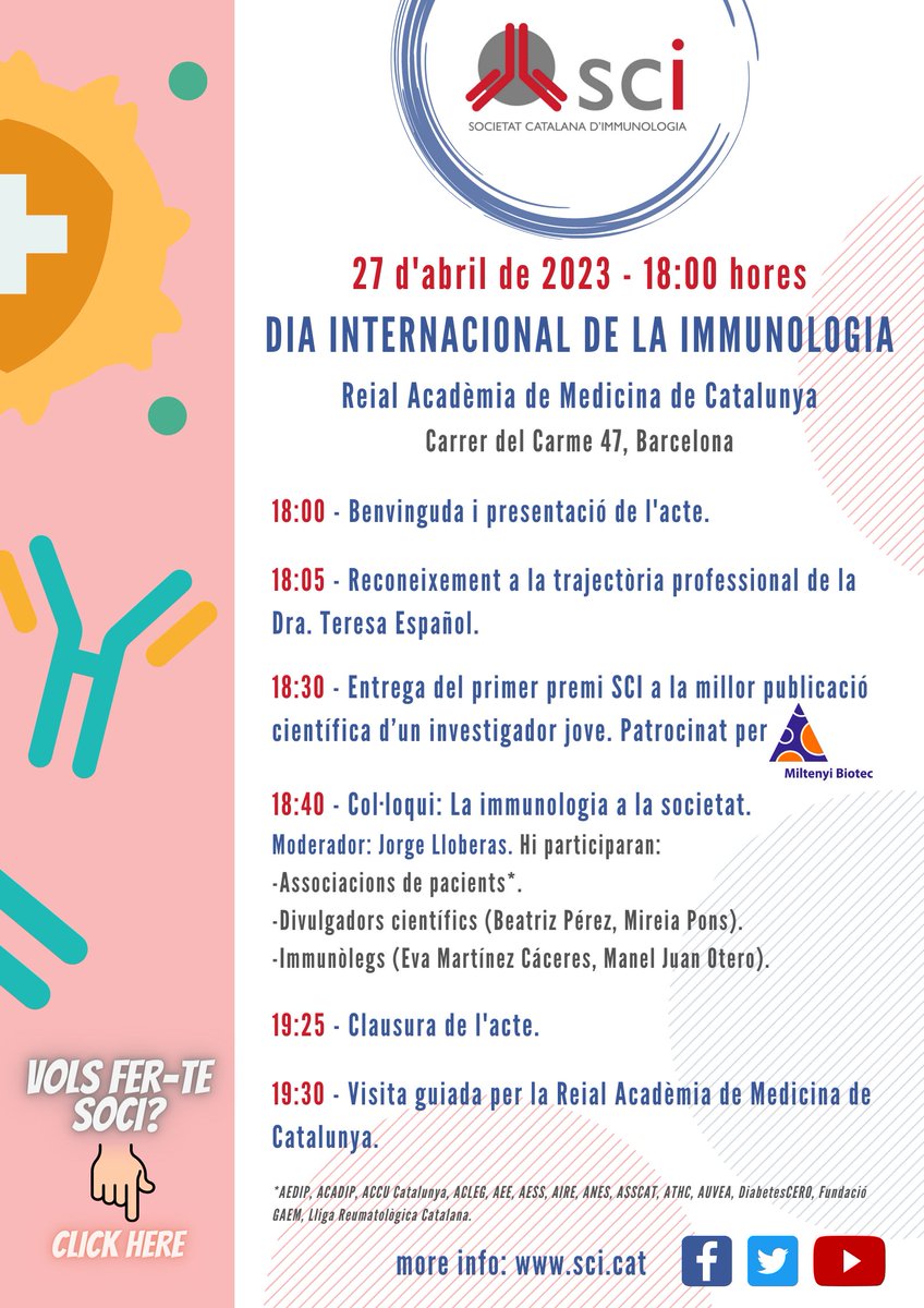 SCImmunologia's tweet photo. 📢 Avui celebrem el Dia Internacional de la Immunologia 2023!!

📆 27 d'abril de 2023, 18:00h  

📍 A la Reial acadèmia de Medicina de Catalunya (RAMC). Carrer del Carme 47 (Barcelona).

🔓 Acte OBERT a tothom!!

👉 Us hi esperem!!! https://t.co/E0AfdDnZSU