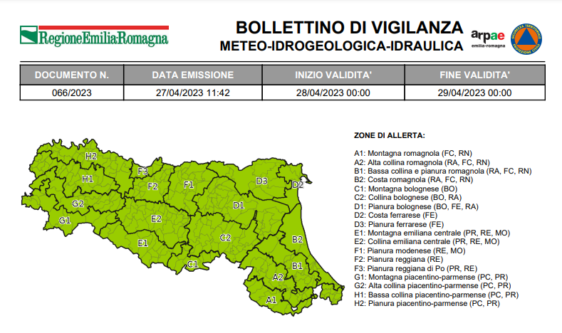 AllertaMeteoRER's tweet photo. #BollettinoVigilanzaER VERDE nessuna allerta dalle 00:00 del 28/04/2023 alle 00:00 del 29/04/2023 ➡️https://t.co/wBK3Ry3mo1 https://t.co/AMhX33r1JC