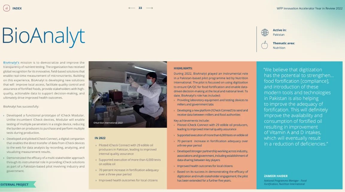 BioAnalyt's tweet photo. We are proud to announce that BioAanlyt has been featured in the @WFP Innovation Accelerator Team's annual review report as one of their esteemed alumni. 
Thank you to WFP IA for all the support in our mission to create a better future.
#innovators #changemakers #WFPIA https://t.co/MxXg6ArYEs