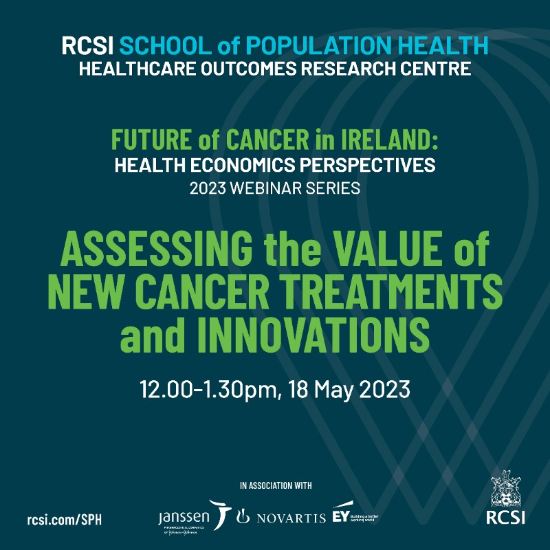 RCSI_PopHealth's tweet photo. Assessing the value of new cancer treatments &amp; innovations will be discussed by a panel of experts in a health economics webinar on 18 May. 

Speakers will consider value assessment frameworks for cancer treatment, precision oncology, PPI in health research &amp; more. 

#RCSIengage
