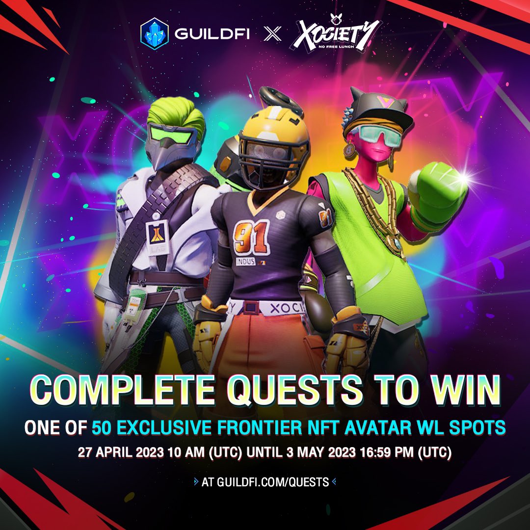 Introducing our campaign with <a href="/xocietyofficial/">XOCIETY</a>, offering users to win one of 50 exclusive Frontier NFT Avatar WL spots👀🎮

These NFTs offer a range of benefits both in-game &amp; in the real world🔥

🗓️Now-3 May, 4:59PM UTC
📍play.guildfi.com/KHtM
🔗bit.ly/441Uwdv