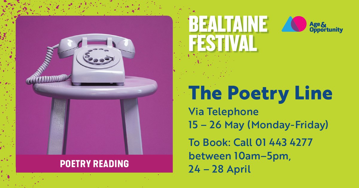 The Arts Council / An Chomhairle Ealaíon (@artscouncil_ie) on Twitter photo Happy #PoetryDayIrl
This year it's even easier to enjoy poetry wherever you are with events online & in person
Including the <a href="/poetryireland/">Poetry Ireland / Éigse Éireann</a> Poetry Line w/ <a href="/BealtaineFest/">Bealtaine Festival</a> <a href="/Age_Opp/">Age & Opportunity 🌈</a>. Call 01 443 4277 to receive a free phone call from an award-winning poet!
poetryireland.ie/whats-on/the-p… Happy #PoetryDayIrl
This year it's even easier to enjoy poetry wherever you are with events online & in person
Including the <a href="/poetryireland/">Poetry Ireland / Éigse Éireann</a> Poetry Line w/ <a href="/BealtaineFest/">Bealtaine Festival</a> <a href="/Age_Opp/">Age & Opportunity 🌈</a>. Call 01 443 4277 to receive a free phone call from an award-winning poet!
poetryireland.ie/whats-on/the-p…