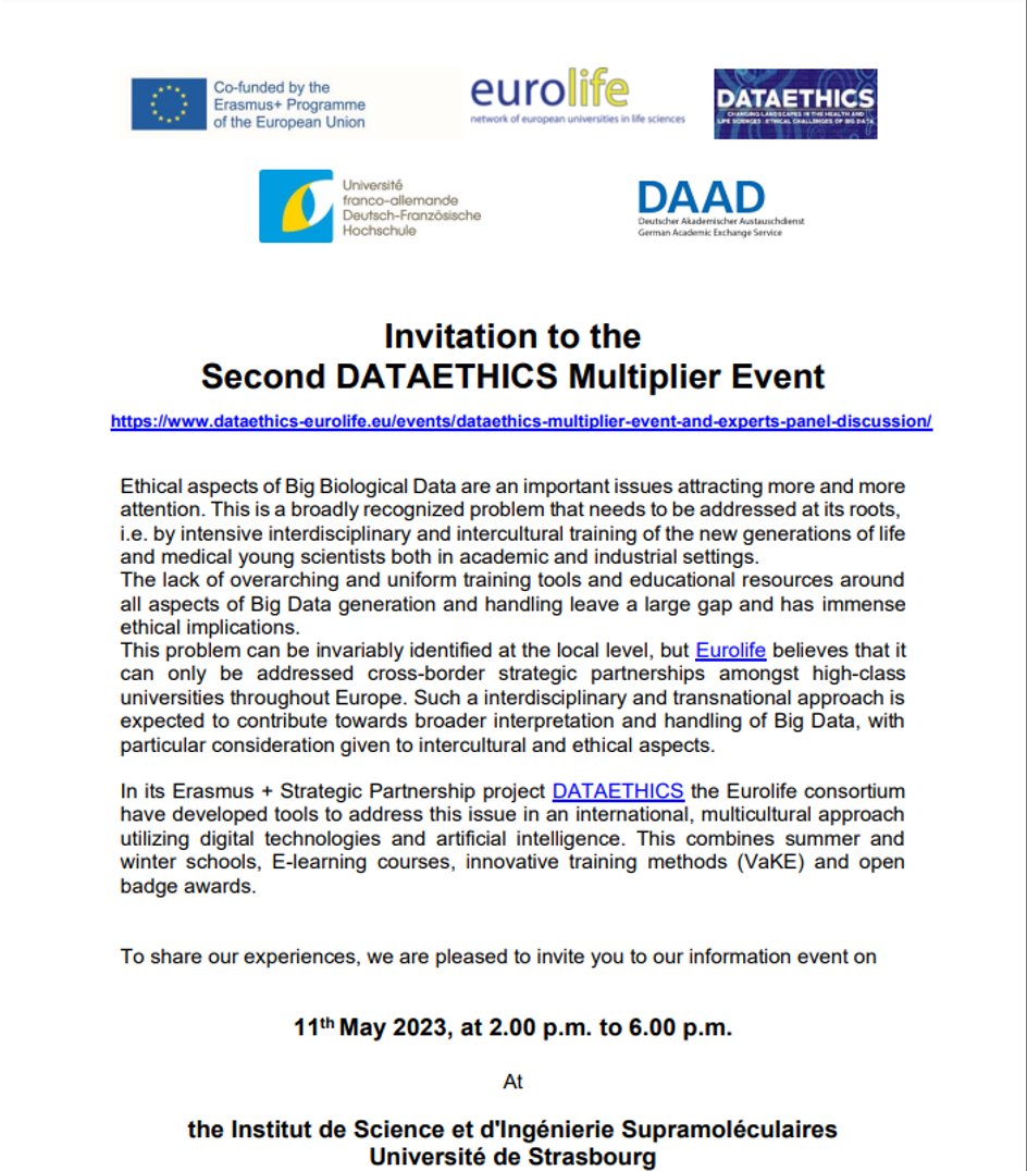 Join the DATAETHICS Multiplier Event in Strasbourg, with keynote speaker Dr. Lawrence Lwoff, to discuss the importance of DATAETHICS and its impact on healthcare globally, to identify and promote best practices for Biomedical Big Data. Register online: applications.unistra.fr/invitation/ins…