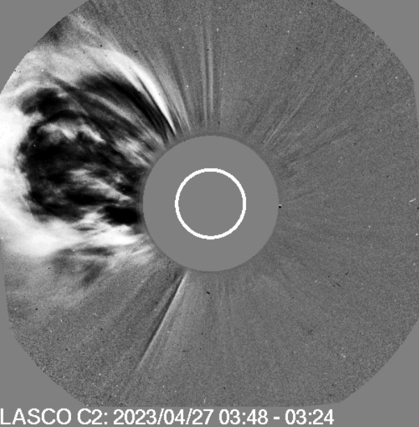SolarHam's tweet photo. An  eruption in the northeast quadrant early Thursday morning hurled a  coronal mass ejection into space. So far it appears to be headed mostly  away from Earth. More updates regarding this event  whenever necessary.  Image by LASCO C2. https://t.co/s5rRtfa2Uy