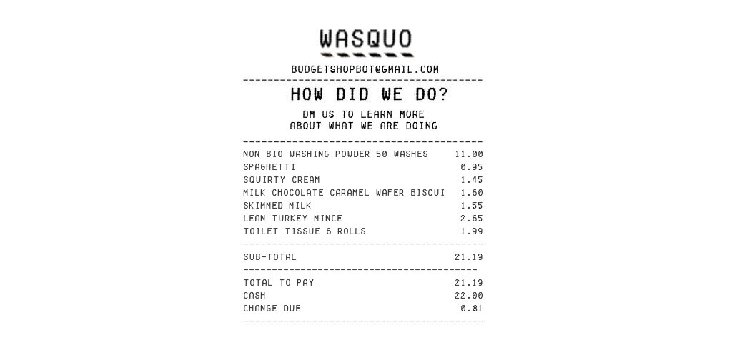BudgetShopBot's tweet photo. This bot has 81p left from £22 after buying groceries including Milk Chocolate Caramel Wafer Biscuits at £1.6. #budgetshopbot https://t.co/qsbEMMdqU4