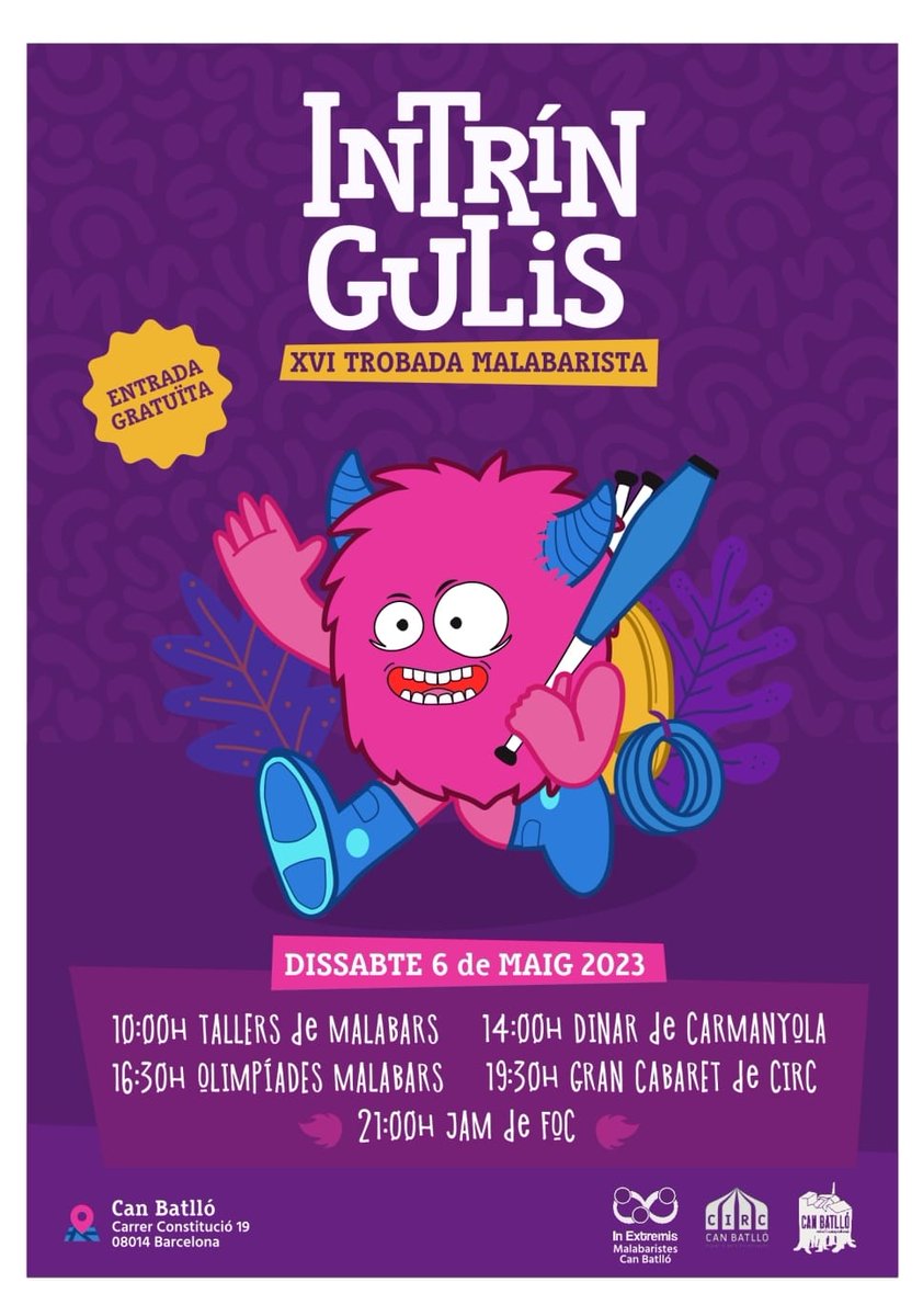 PapallonaCircus's tweet photo. 🤹‍♀️ ¡El sábado 6 de mayo volvemos a celebrar la fiesta de #malabares #Intríngulis, organizada por @inextremis441!

10:00 #Talleres de malabares
14:00 Comida 
16:30 #Olimpiadas de malabares
19:30 #Cabaret de Circo 
21:00 Jam de #Fuego

📍 @CanBatllo (C/ Constitució, 19, #Barcelona) https://t.co/L9pSTdcLUN