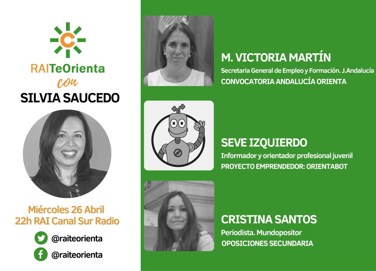 Podcast del programa #RAITeOrienta de ayer con <a href="/SaucedoSilv/">Silvia Saucedo</a> y:
 Victoria Martín, Convocatoria Andalucía Orienta 
🟠 <a href="/severota/">Seve Izquierdo</a> #ProyectoEmprendedor <a href="/orientabot/">Orientabot</a> #orientación 
🟠 Cristina Santos de <a href="/mundopositor/">Mundopositor</a> #Oposiciones a Secundaria 

canalsur.es/radio/programa…

#empleo #formación