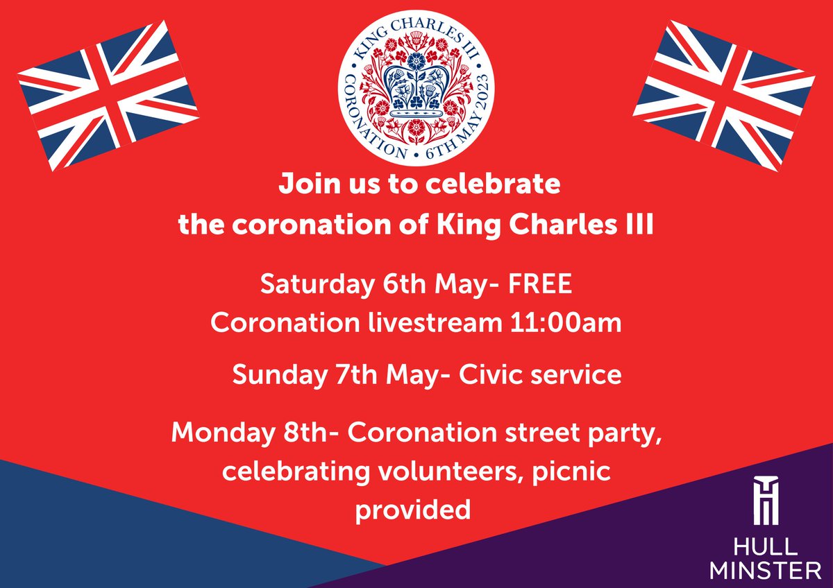 HullMinster's tweet photo. As part of the Coronation Weekend, We would love you to join us For the Street Party and Big Help Out. There will be stalls, Food and entertainment for all the family.
No need to book. Just come on down to Hull Minster.
#Church #Party #Coronation #Weekend #Makeadayofit. https://t.co/c9l5QF1x3Q