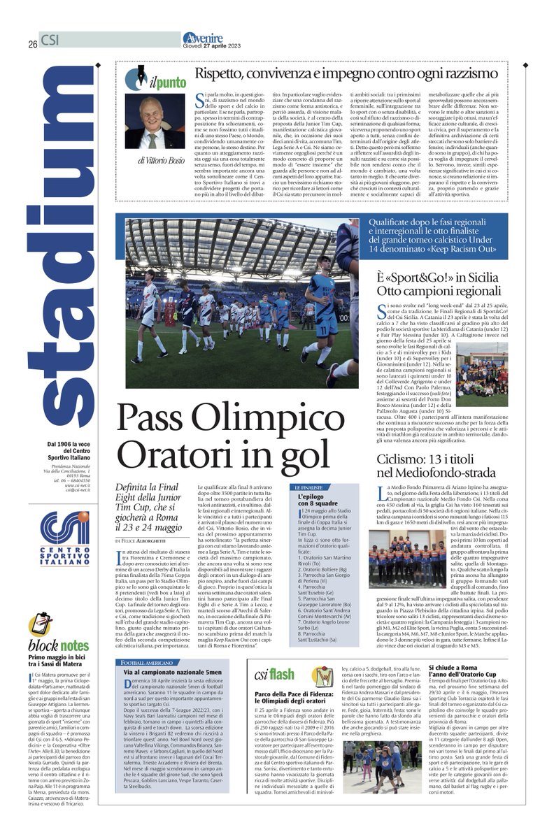 DemonEventi's tweet photo. RT @CSInazionale: Nella pagina #Stadium su @Avvenire_Nei: 
✅ Pass Olimpico Oratori in gol #JuniorTIMCup #KeepRacismOut @SerieA @TIM_Official 
✅ Rispetto, convivenza e impegno contro ogni razzismo @ViBosCsi 
✅ Ciclismo: 13 i titoli nel Mediofondo-strada https://t.co/QaM8bdpFmI