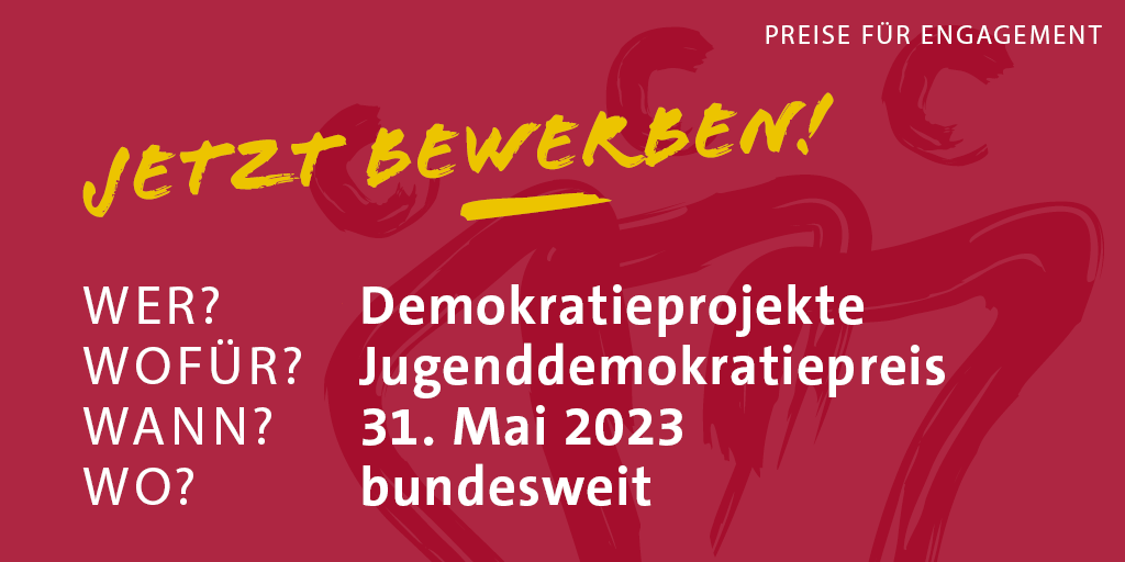 DEP_DSEE's tweet photo. Der Jugenddemokratiepreis der @bpb_de zeichnet Projekte von jungen Menschen aus, die sich für eine demokratische Gesellschaft einsetzen! Bewerben können sich Jugendliche und junge Erwachsene zwischen 14 und 27 Jahren. Alle Infos: https://t.co/QNxvowBnpL https://t.co/f9AAwAIUye