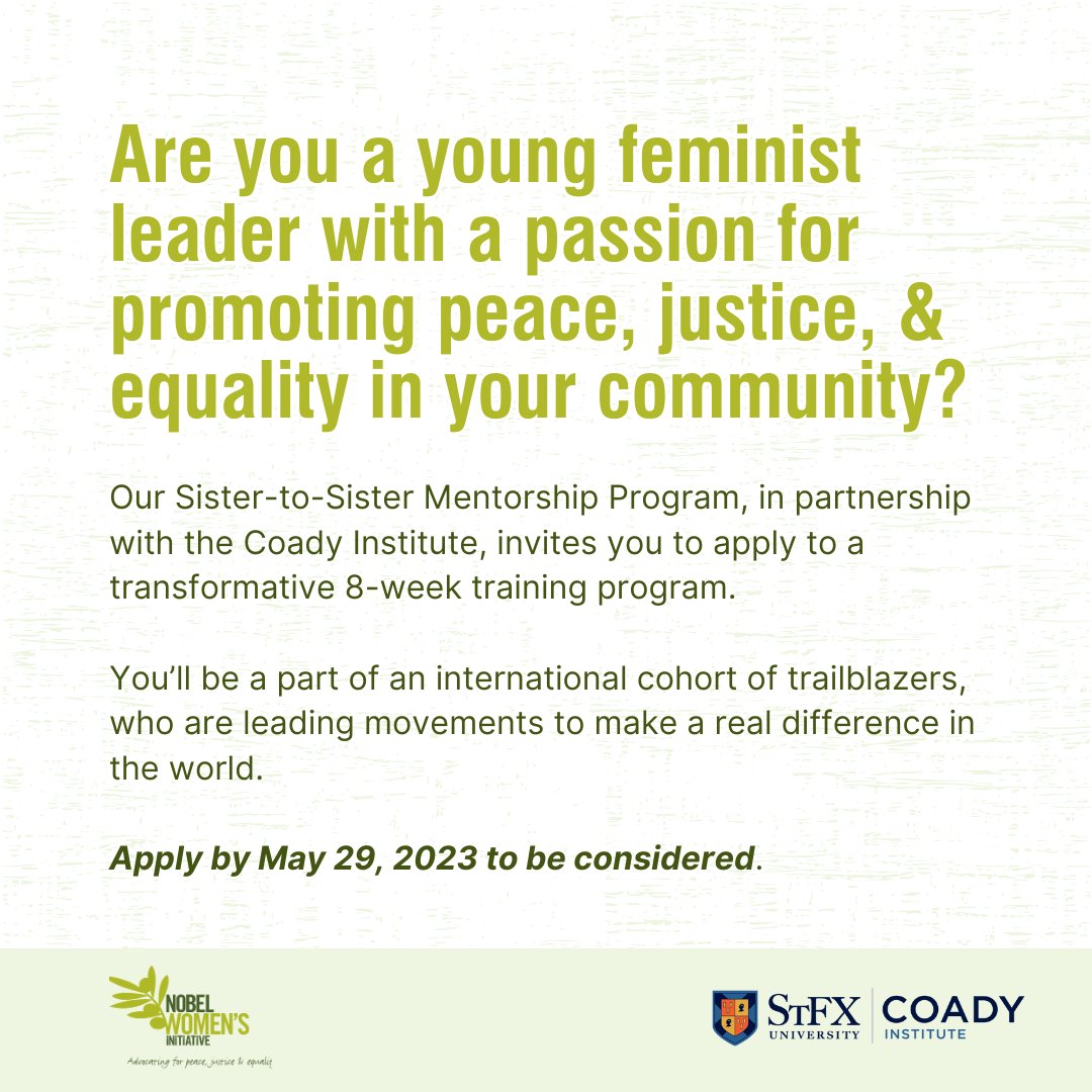 Nobel Women (@nobelwomen) on Twitter photo Hey there! 👋
Are you a young feminist leader wanting to create change in your community?
Our Sister-to-Sister program is for you!
Join a cohort of trailblazers from all over the 🌎 for an 8-week training program. Don't wait & apply now: ow.ly/2oh150NUk1j <a href="/CoadyStFX/">Coady Institute</a> Hey there! 👋
Are you a young feminist leader wanting to create change in your community?
Our Sister-to-Sister program is for you!
Join a cohort of trailblazers from all over the 🌎 for an 8-week training program. Don't wait & apply now: ow.ly/2oh150NUk1j <a href="/CoadyStFX/">Coady Institute</a>