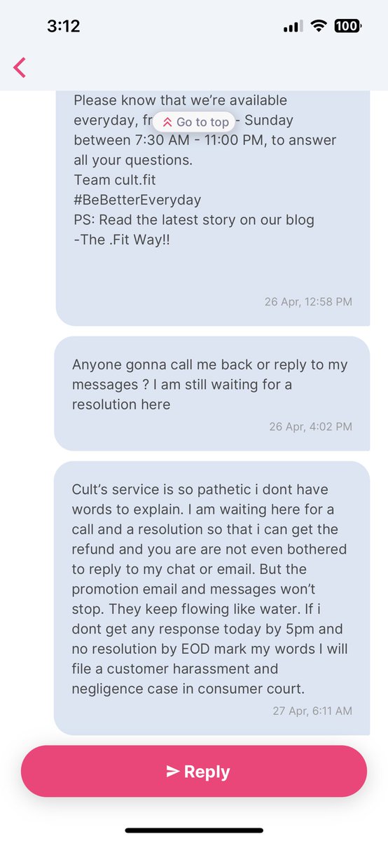 being__sahil's tweet photo. @cultfitOfficial i have been chasing up for a response from 24Th april and I am not getting any reply. Your whats chat service is pathetic. They just keep transferring the chat to Arun and then Usha M. Then again back to Arun then Usha M again. 
I want a call back arranged ASAP https://t.co/eALUM1F5Va
