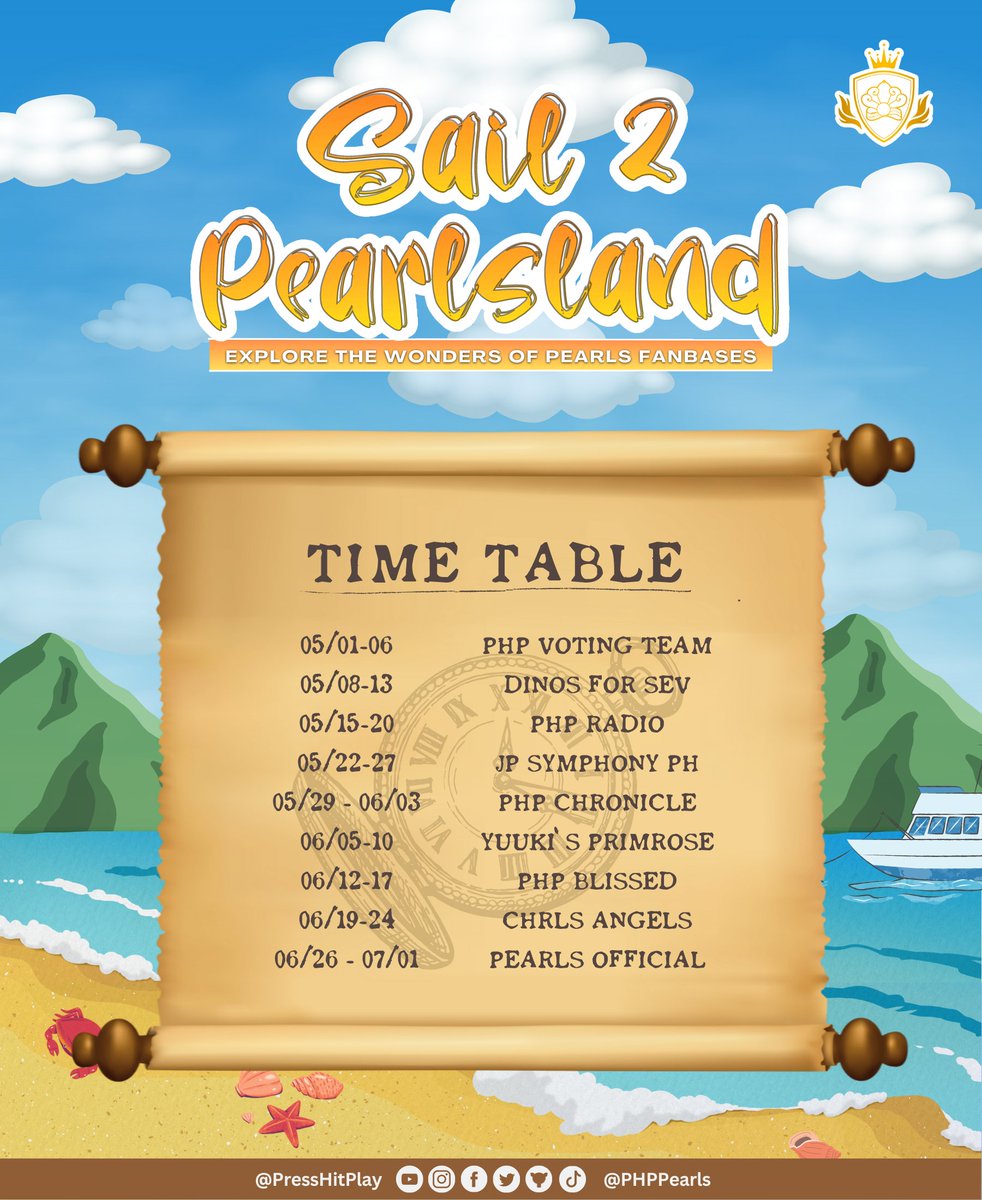 PHPPearls's tweet photo. [Sail 2 Pearlsland 🏝️]

Pearls, mark your calendars!

Here's the sneak peek schedule of the activities for every fanbase. Can you guess the names of their islands? 🤔

Stay tuned~ 😉

#Sail2Pearlsland
#PHPPearls2ndYear
#Press_Hit_Play
@PressHitPlay https://t.co/fdZkp50c4l
