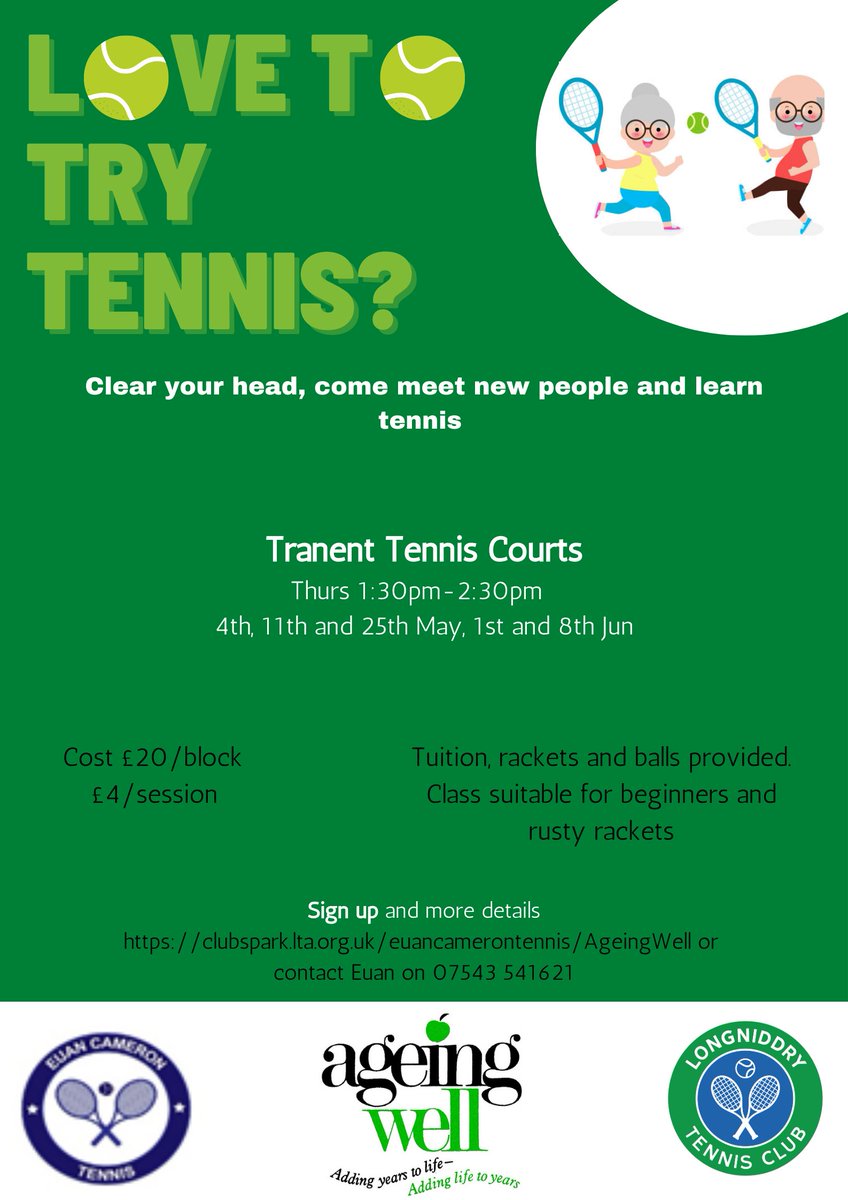 Excited to be starting up another block of 5 Tennis lessons in Tranent at Polson Park in conjunction with <a href="/LongniddryTenni/">Longniddry Tennis Club</a> and Euan Cameron Tennis.

Aimed at beginners / people who have not played for a while.

More details and booking via clubspark.lta.org.uk/euancameronten…
