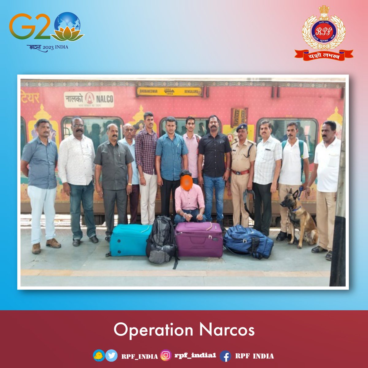 Well done Simbha !
#RPF team aided by their trusty canine 'Simbha', nabbed a  drug trafficker with a massive haul of illegal drugs worth over 45 lakhs at Bengaluru Railway station.
#OperationNarcos #WarAgainstDrugs #SayNoToDrugs