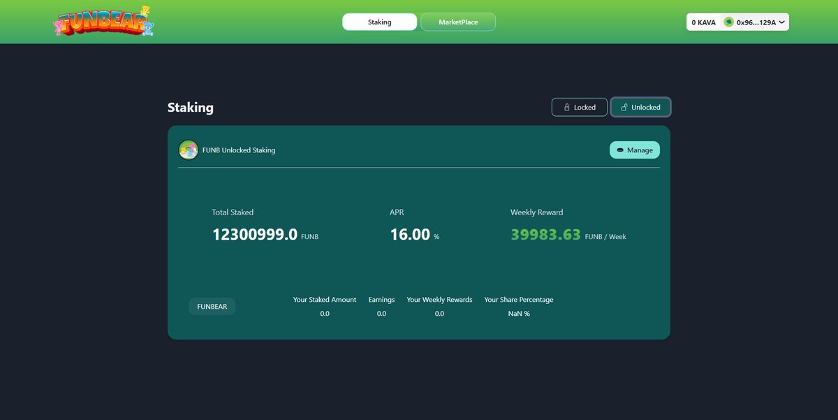 funbeario's tweet photo. You can #stake and #earn locked or unlocked with #FunBear.
Stake Now: https://t.co/XU5yYXMzOL
$FUNB #Crypto #Cryptocurency #MCFA https://t.co/1H88HRTktN