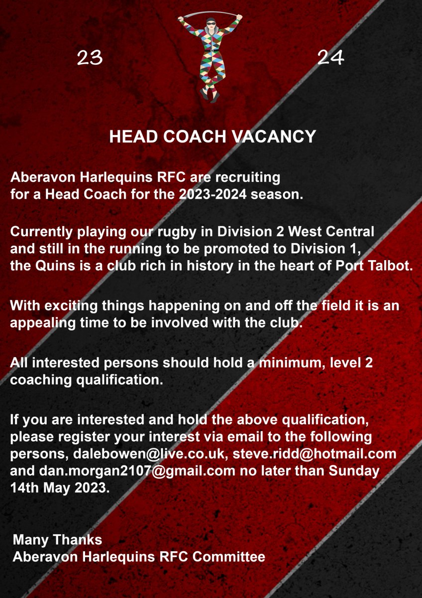 Good Morning! 

We are now recruiting for a Head Coach for the 23/24 season. 

Please see details on how to apply. 

Please RT.

🔴⚫ #MightyQuins