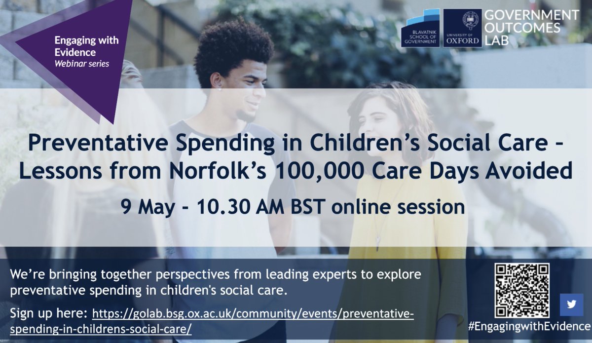 👩‍👧Preventative Spending in Children’s Social Care:
Lessons from Norfolk’s 100,000 Care Days Avoided

📆9 May⏰10:30am(BST)
🧑‍🤝‍🧑@nigel_ball @JoshMacAlister @rubix3281 @TomJefford
💚Sign up: golab.bsg.ox.ac.uk/community/even…
#childrenscare #socialcare #earlyyears #preventativespending #welfare