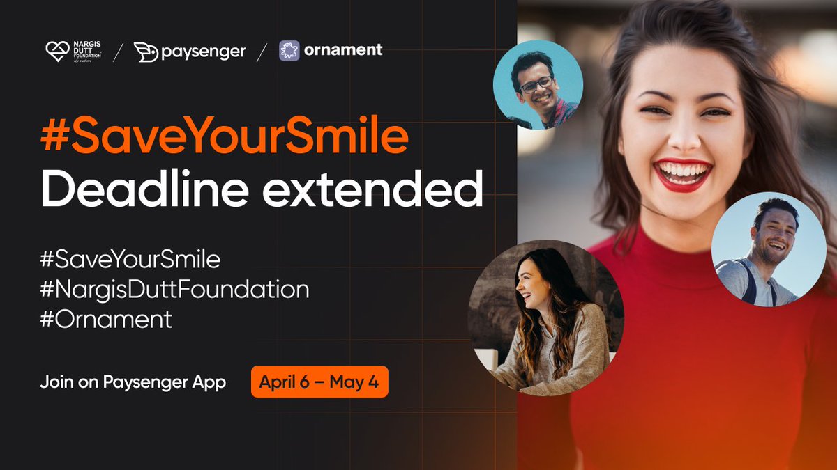 Ego_Paysenger's tweet photo. 🚨📢 Deadline extended for #SaveYourSmile challenge! Don't miss out on the chance to participate in this important cause and win a One Year Ornament Subscription.

To join:
1. Read our article about oral cancer prevention: https://t.co/ovCBBX5tbm

2. Make a video showing your beautiful smile and share what you learned about oral cancer prevention from the article

3. Post your video on Paysenger with the hashtags: #SaveYourSmile, #NargisDuttFoundation, #Ornament

4. Share your video on Instagram, Facebook, or Twitter with a link to your post on Paysenger

Ends May 4th! Let's #SaveYourSmile together and help everyone prevent oral cancer!