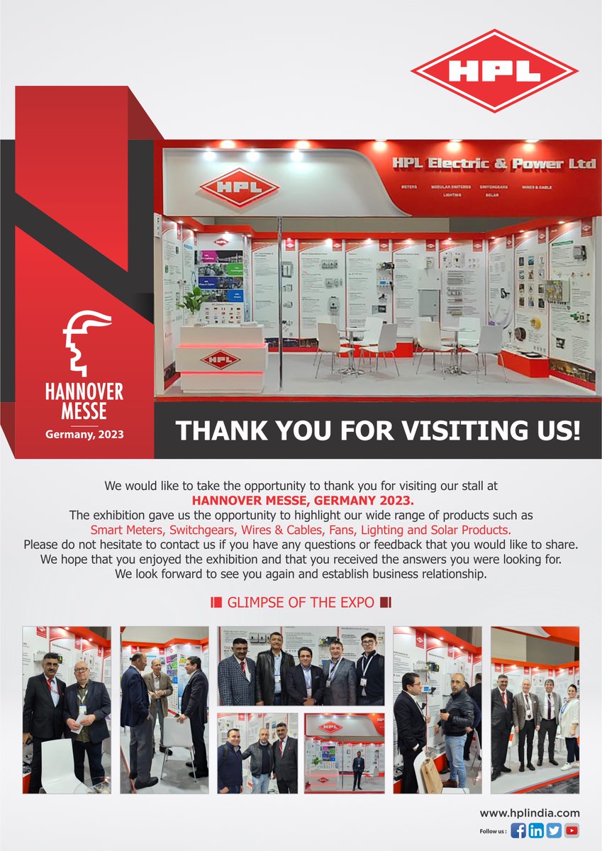 HPL_Official's tweet photo. Grateful for the tremendous support at Hannover Messe Exhibition!
HPL is proud to have showcased our innovative solutions to a receptive audience. We look forward to forging new partnerships and driving progress in the industry.

#hplindia #hplelectrical #hannovermesse https://t.co/ToeEomBnFy