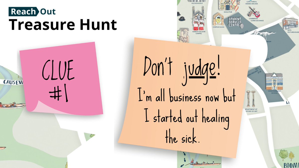 Cambridge_Uni's tweet photo. 🚨 Cambridge students: Grab a friend or three and join our treasure hunt today from 12.30-3.30pm!

Here's your 1st clue and hidden letter 👇

Solve the riddle and head to the 1st of 4 locations. As you solve each riddle, make a note of the hidden letter...

#ReachOutCambridge https://t.co/w7wXAyjy7l